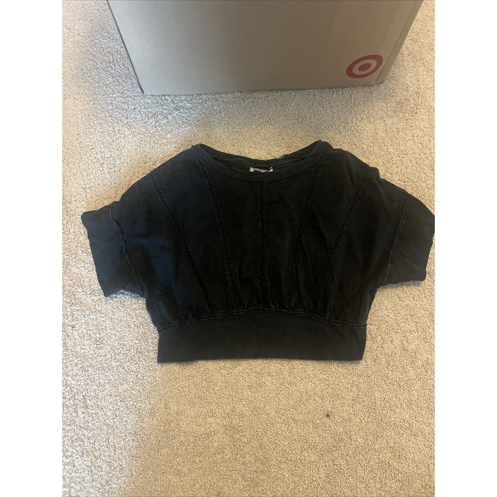 We The Free People FP Womens Top Sz Small Crop Banded Waist Short Sleeve Black